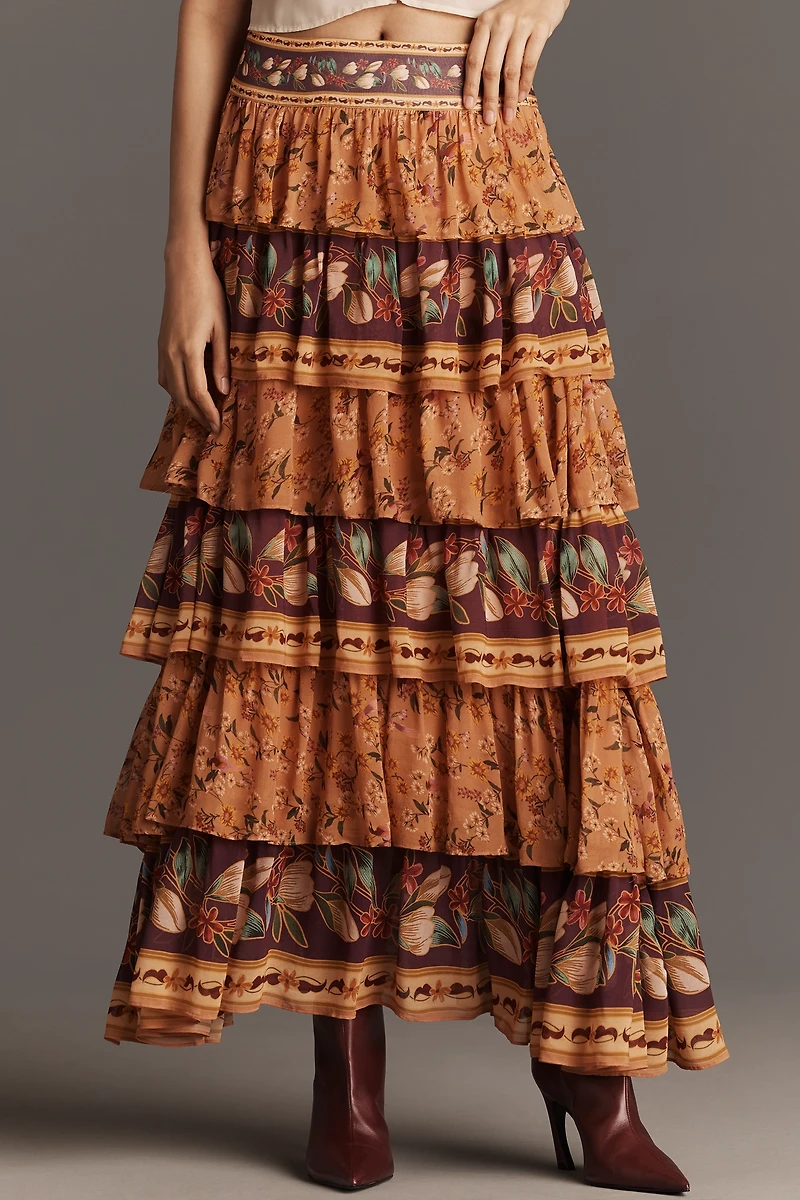 Farm Rio Colorful Birds Tiered Maxi Skirt