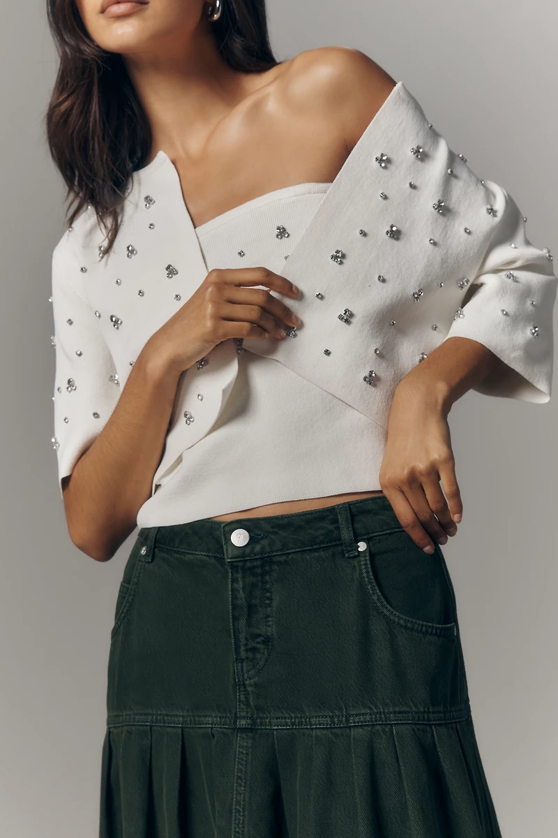 Pilcro Pleated Basque-Waist Denim Midi Skirt