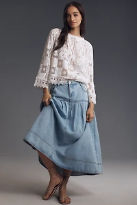 Pilcro Pleated Basque-Waist Denim Midi Skirt