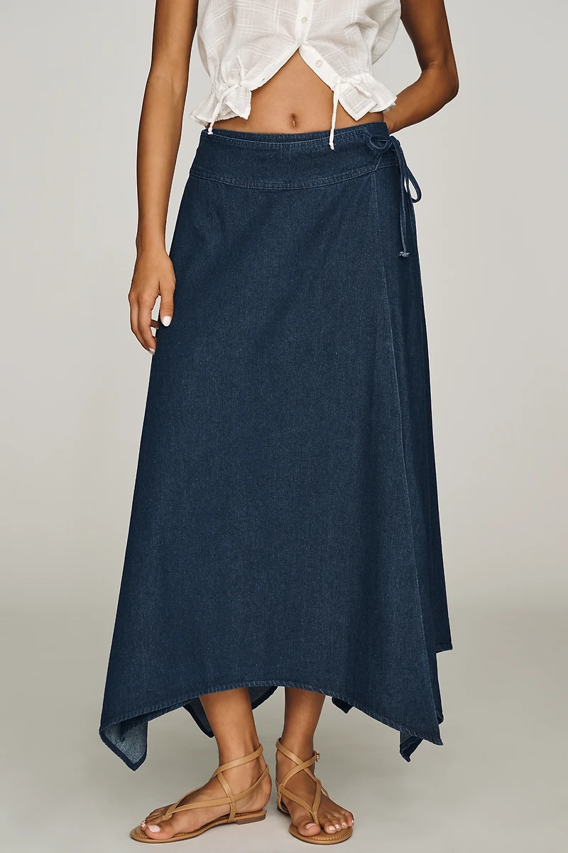 NIA Asymmetrical Denim Midi Skirt