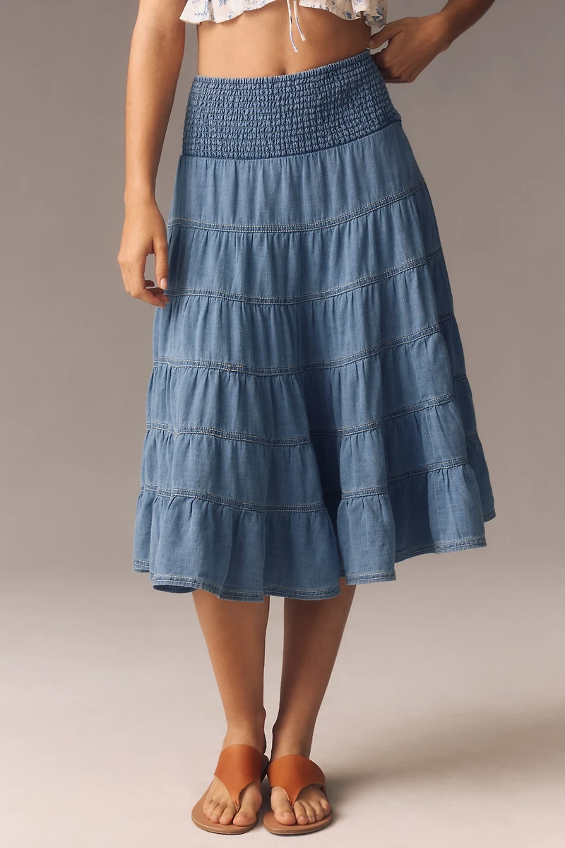 The Reese Smocked Denim Pull-On Midi Skirt
