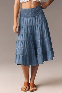 The Reese Smocked Denim Pull-On Midi Skirt