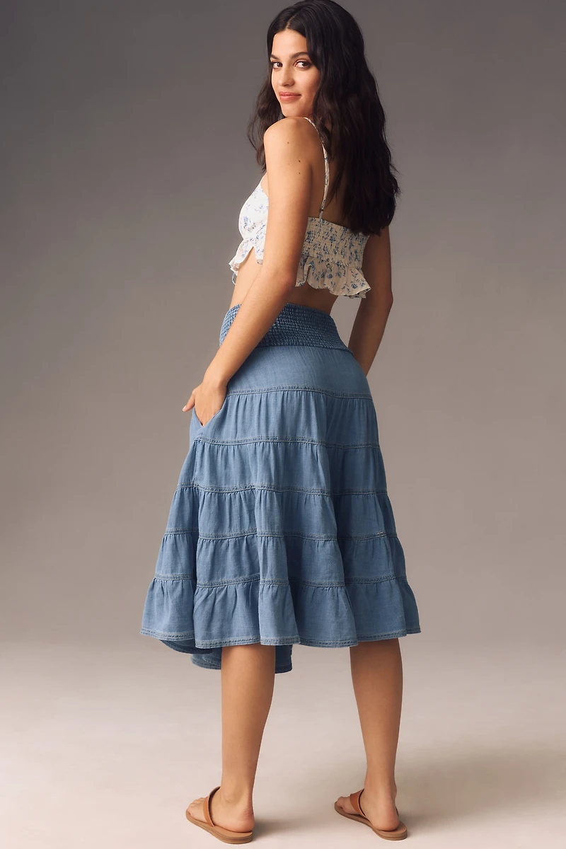 The Reese Smocked Denim Pull-On Midi Skirt