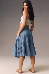 The Reese Smocked Denim Pull-On Midi Skirt