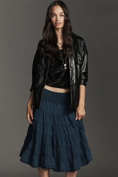 The Reese Smocked Denim Pull-On Midi Skirt