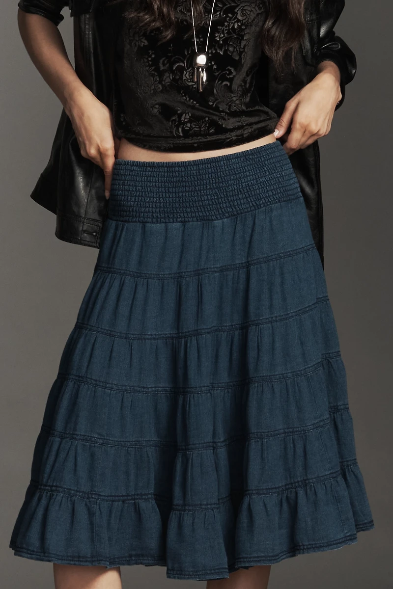 The Reese Smocked Denim Pull-On Midi Skirt