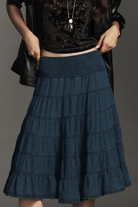 The Reese Smocked Denim Pull-On Midi Skirt