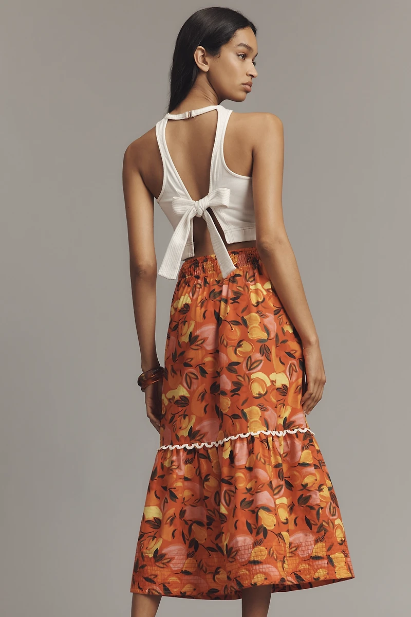 Farm Rio Tiered Flare-Hem Printed Midi Skirt