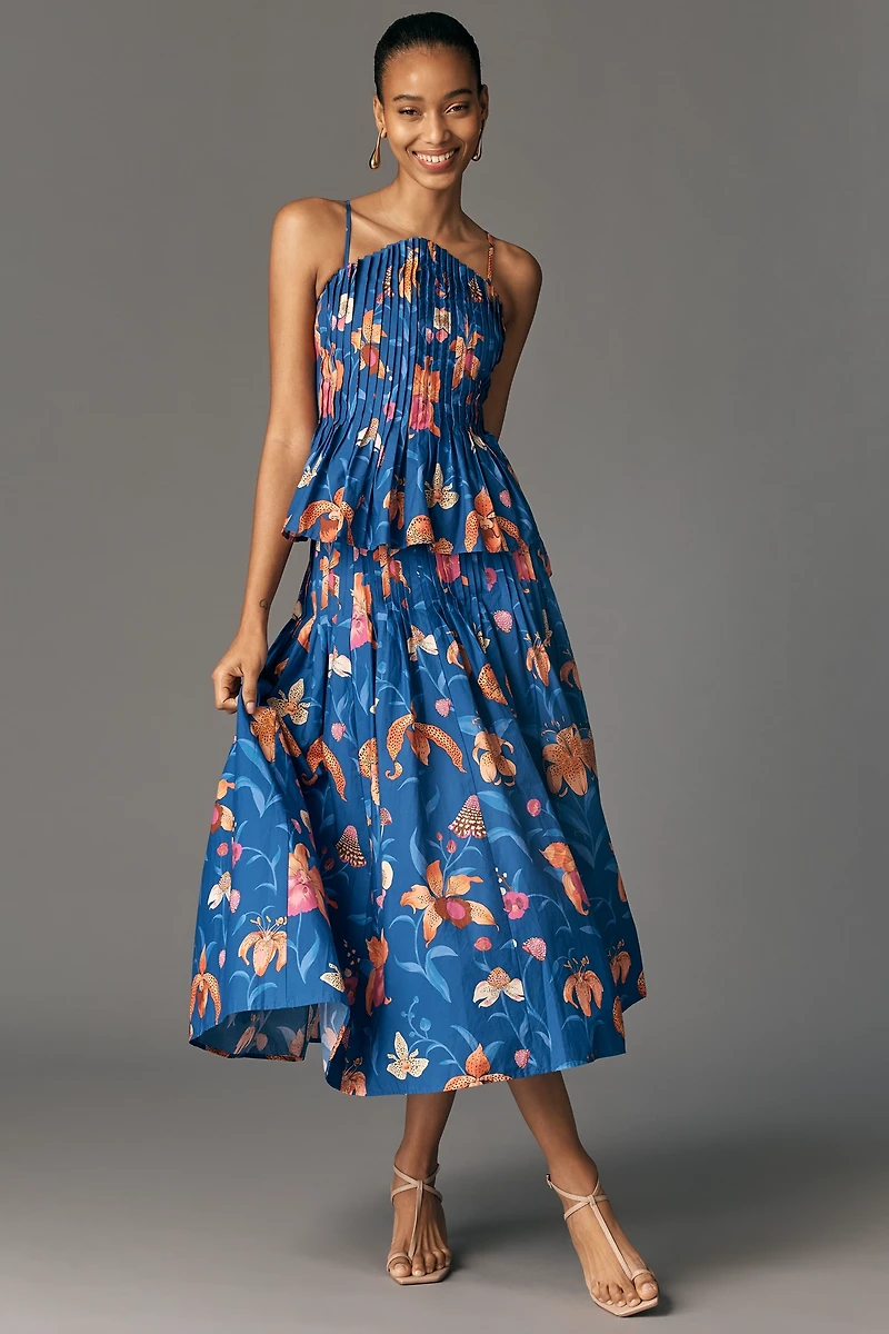 Farm Rio Pintuck Cotton Midi Skirt