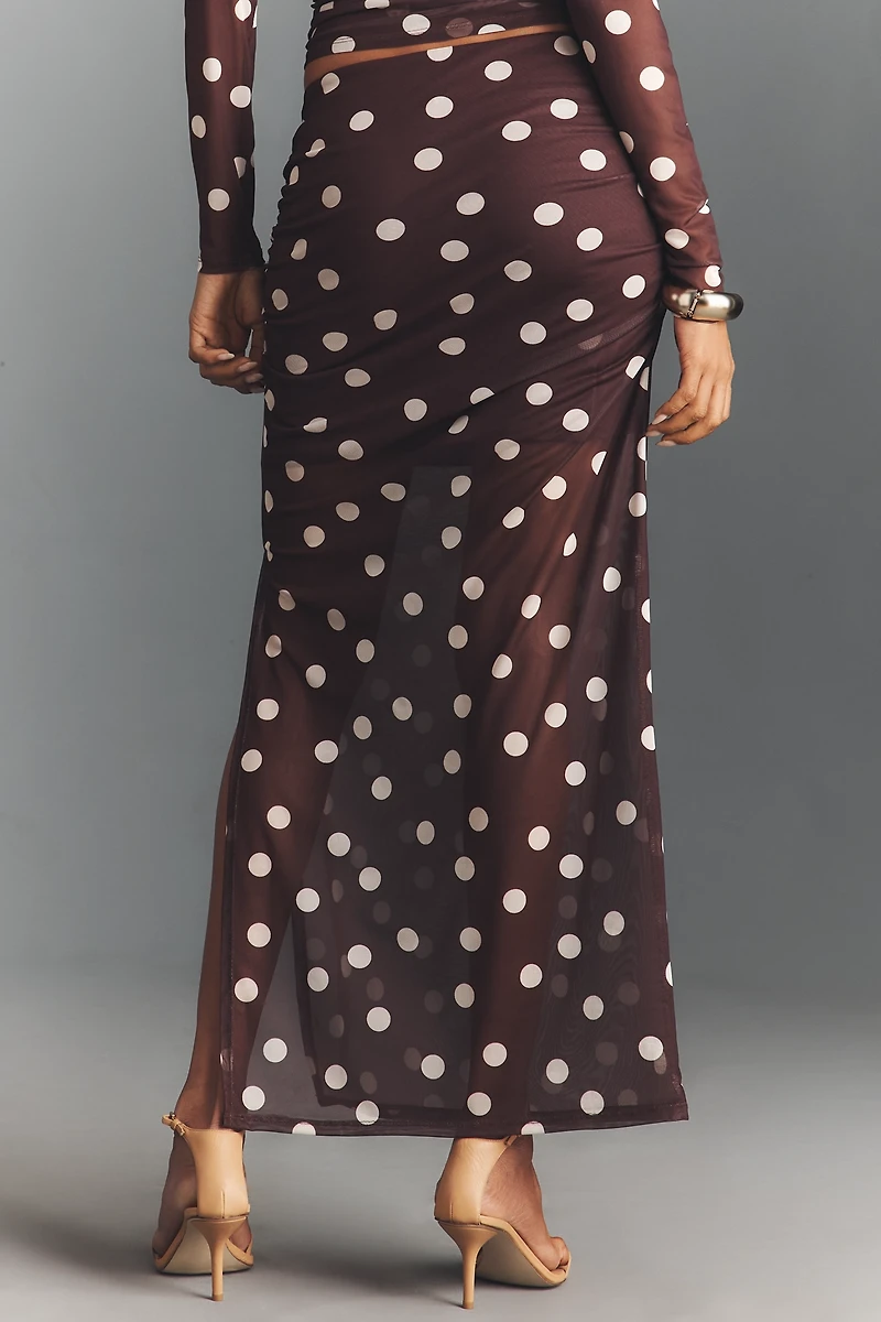 Maeve Fitted Ruched Mesh Maxi Skirt