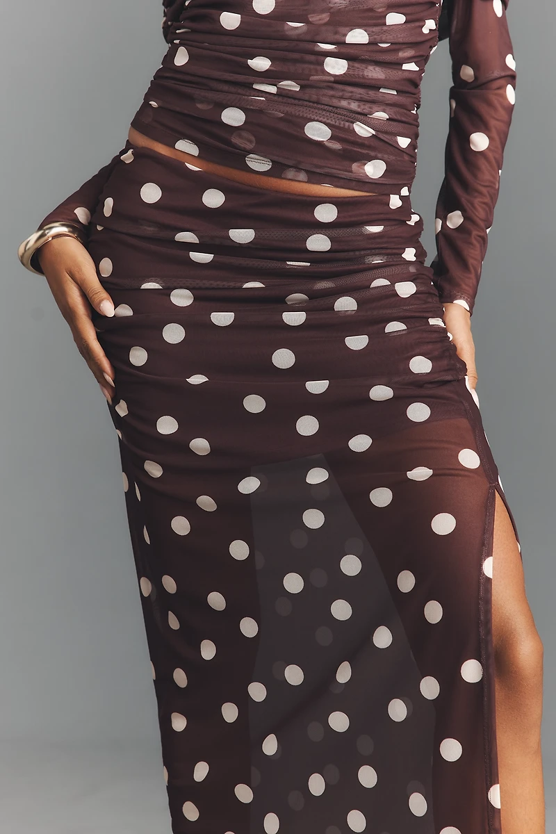 Maeve Fitted Ruched Mesh Maxi Skirt