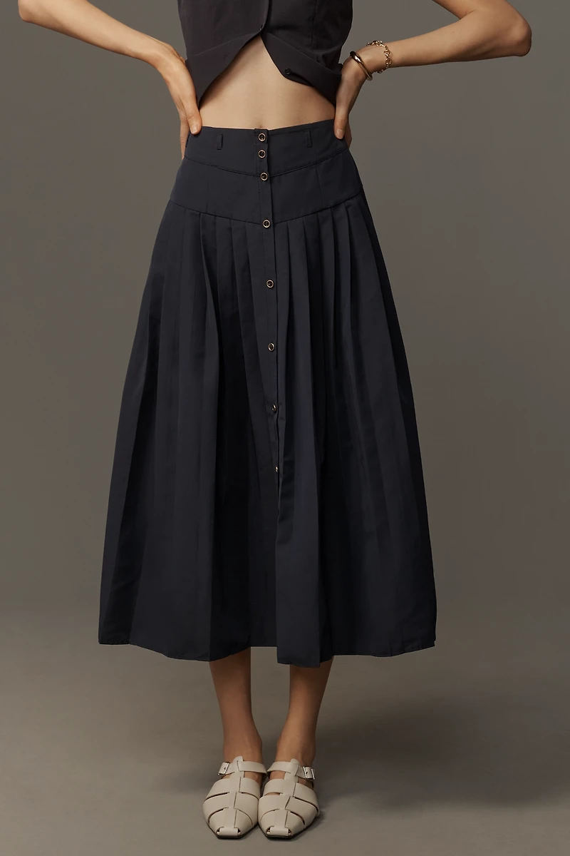 Maeve Pleated Button-Front Basque-Waist Midi Skirt