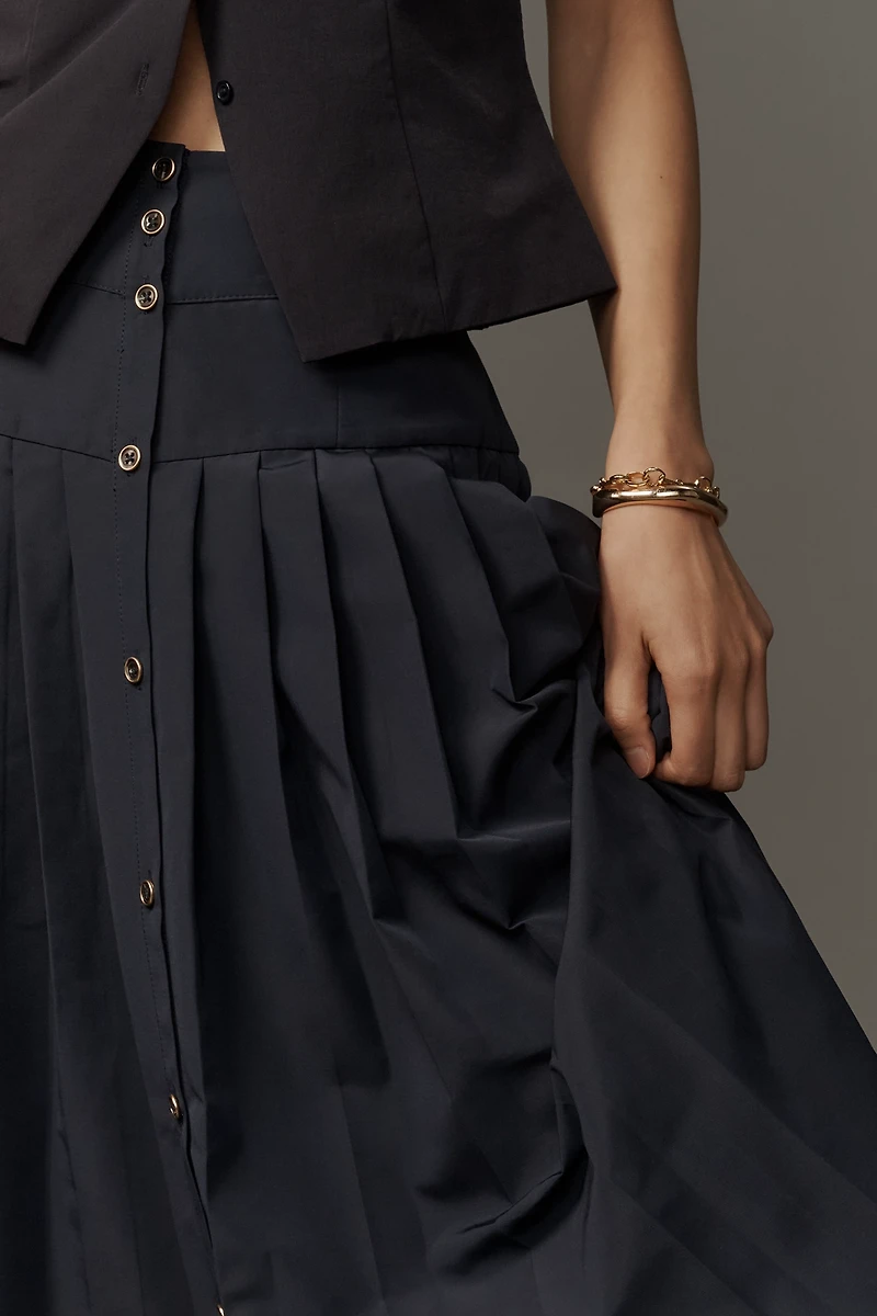 Maeve Pleated Button-Front Basque-Waist Midi Skirt