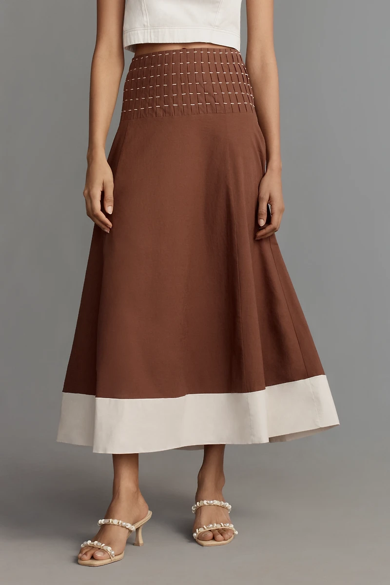 Linen Blend Drop-Waist Colorblock Maxi Skirt