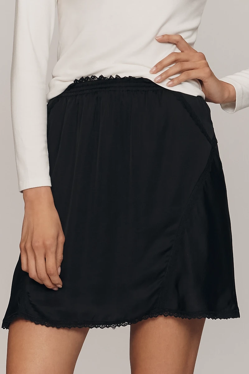 By Anthropologie Silky Lace-Trim Mini Skirt
