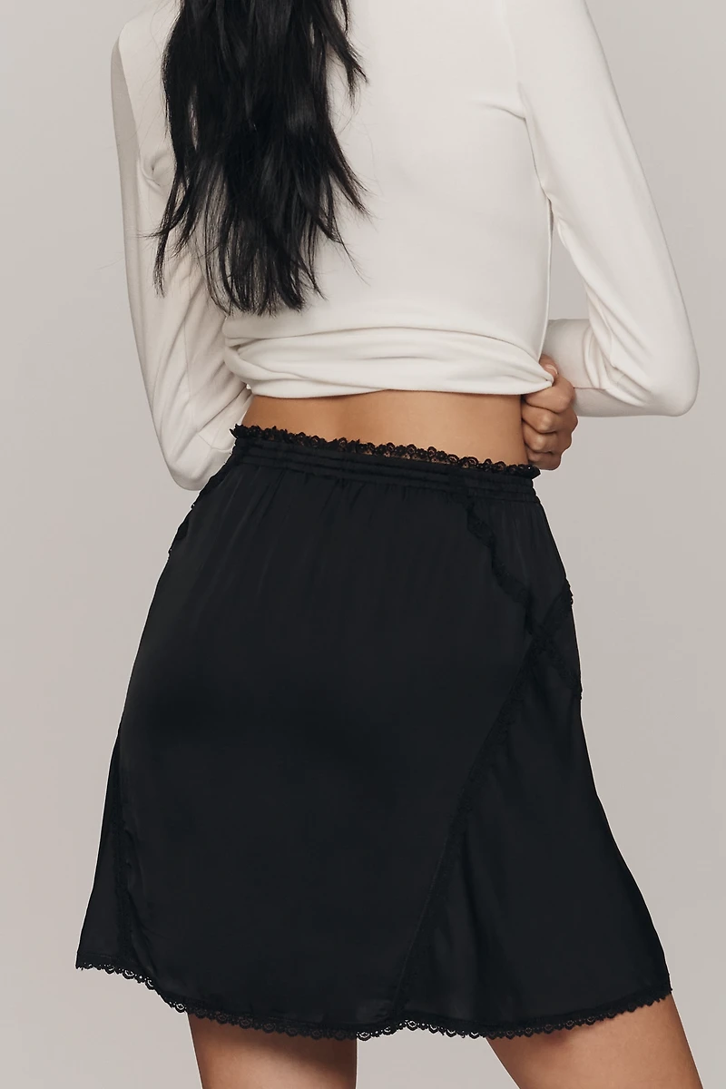 By Anthropologie Silky Lace-Trim Mini Skirt