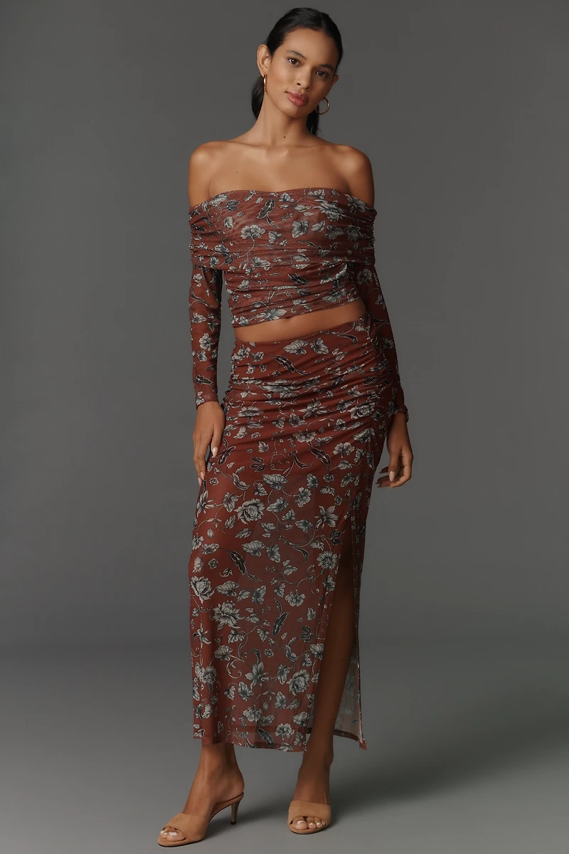 Maeve Sheer Ruched Mesh Fitted Maxi Skirt