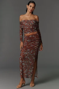 Maeve Sheer Ruched Mesh Fitted Maxi Skirt