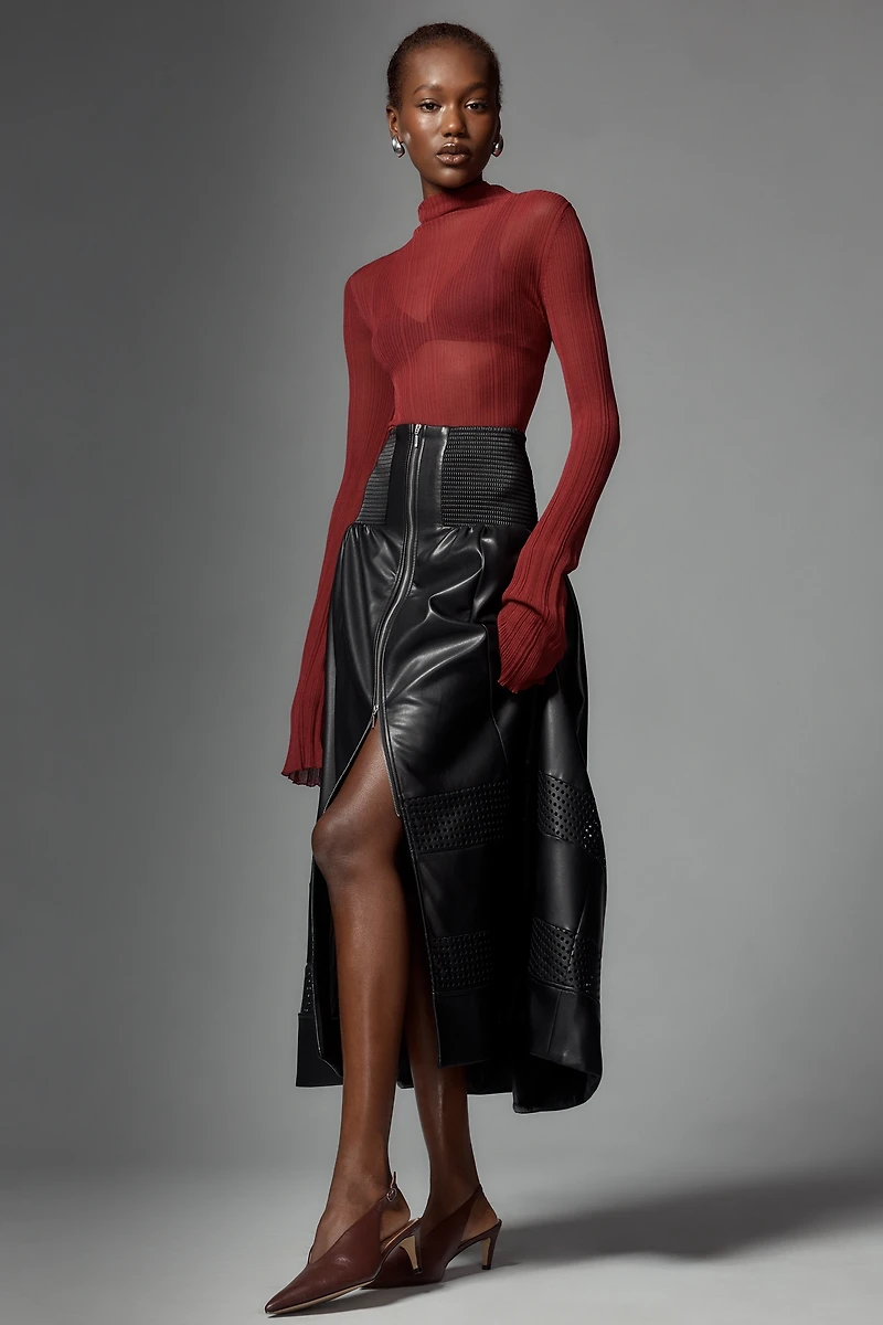 The Tommie Faux Leather Laser-Cut Zip-Front Midi Skirt