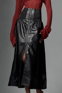 The Tommie Faux Leather Laser-Cut Zip-Front Midi Skirt