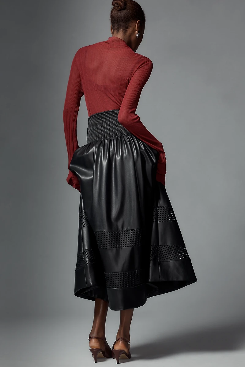 The Tommie Faux Leather Laser-Cut Zip-Front Midi Skirt