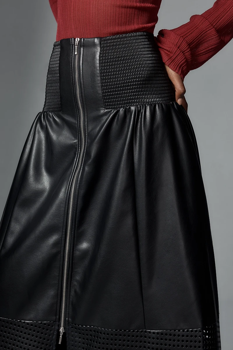 The Tommie Faux Leather Laser-Cut Zip-Front Midi Skirt