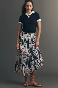 Maeve Graphic Tiger Piped Midi Skirt