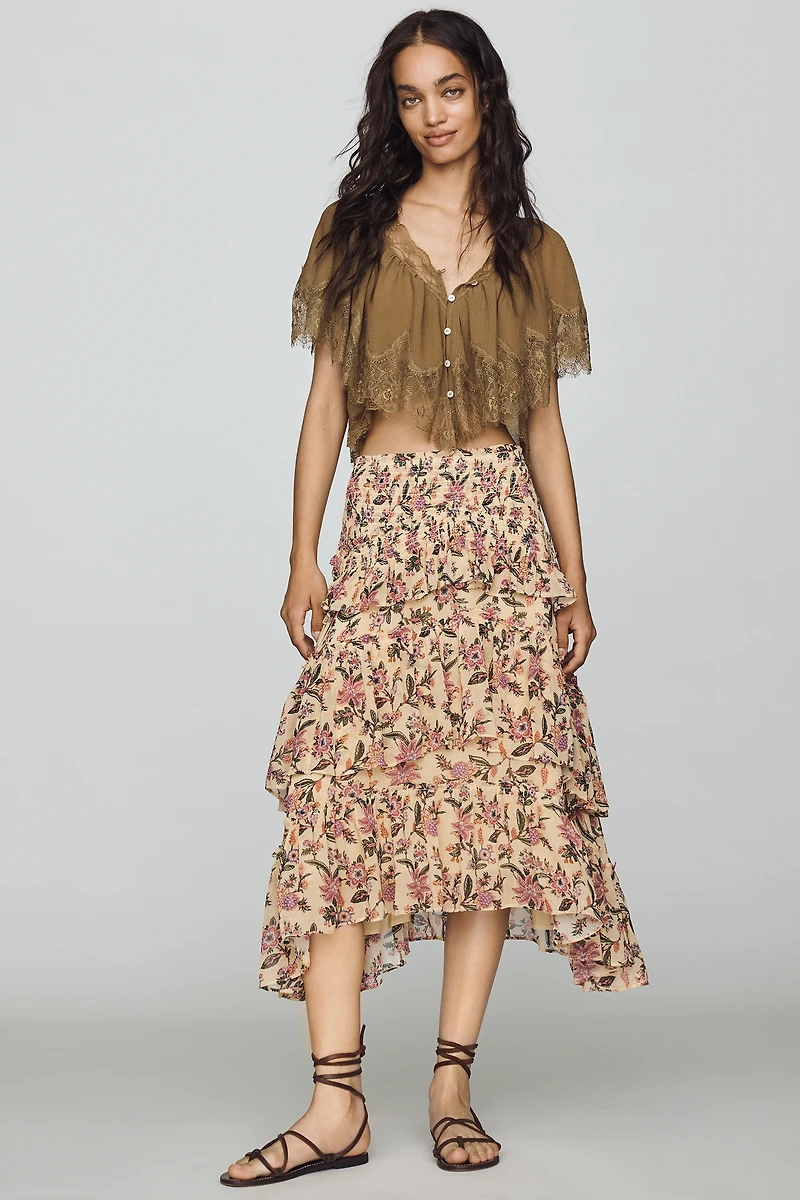 By Anthropologie Boho Smocked Tiered Midi Skirt