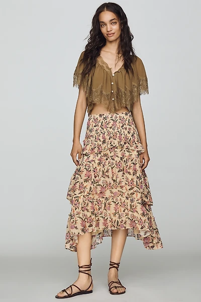 By Anthropologie Boho Smocked Tiered Midi Skirt