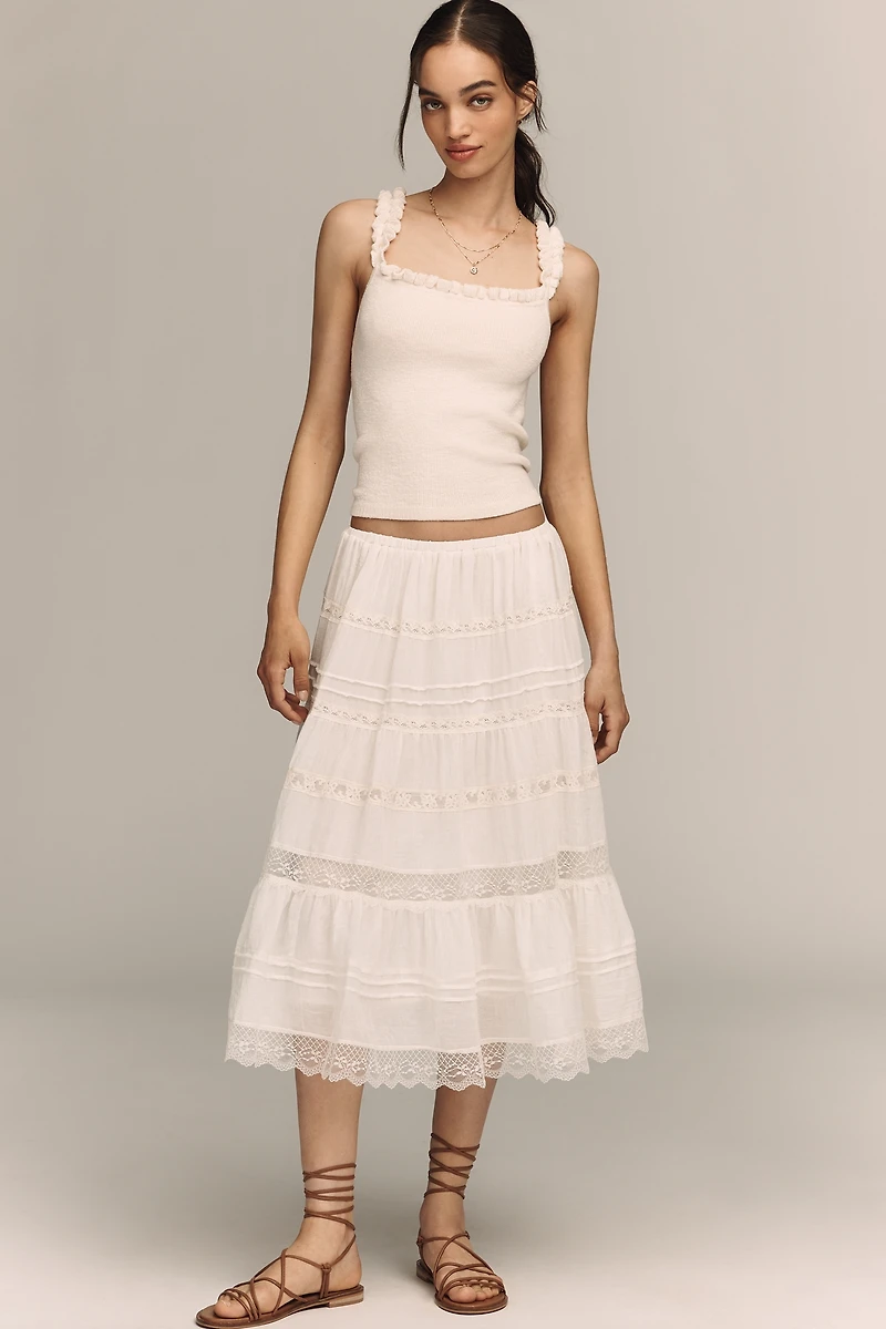 RAISONNEL Cotton Tiered Lace Midi Skirt