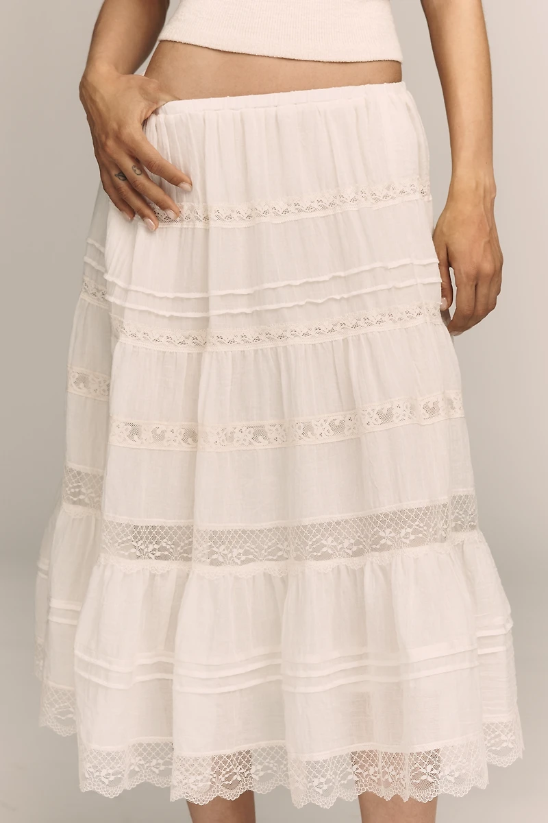 RAISONNEL Cotton Tiered Lace Midi Skirt
