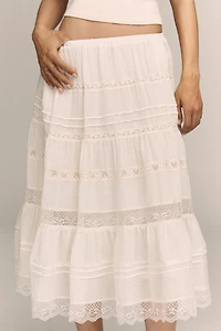 RAISONNEL Cotton Tiered Lace Midi Skirt