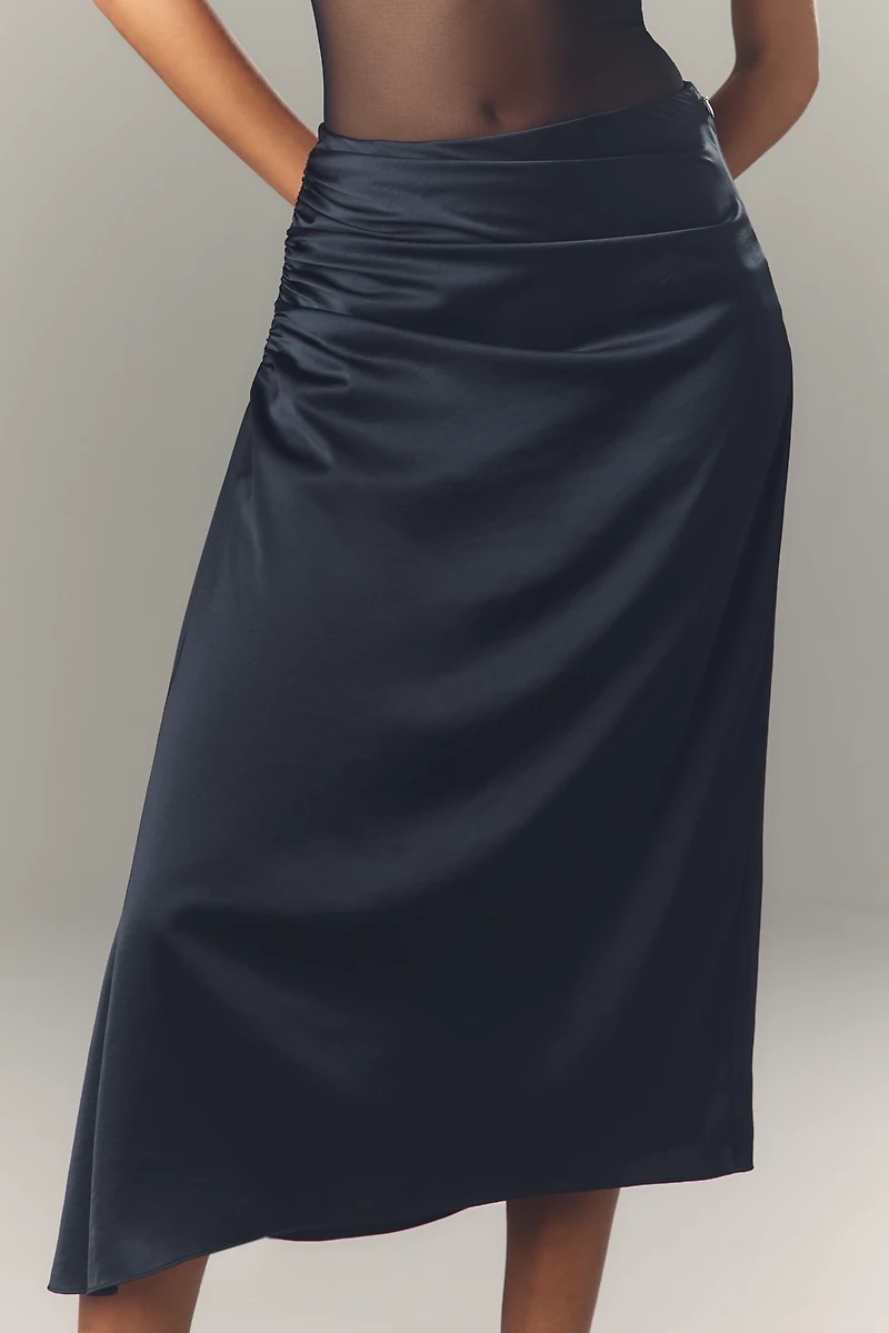 Theory Ruched Satin Midi Skirt