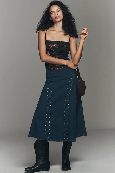 TT Studios Grommet Denim Midi Skirt