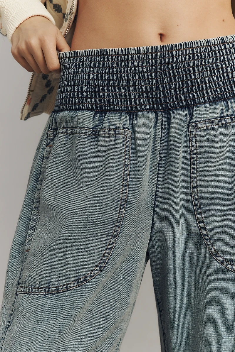 The Reese Smocked Denim Pull-On Barrel Pants