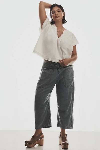 The Reese Smocked Denim Pull-On Barrel Pants