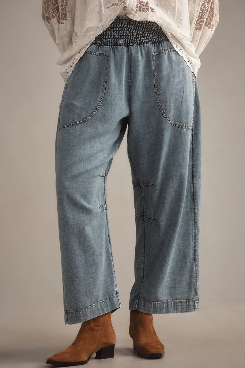 The Reese Smocked Denim Pull-On Barrel Pants