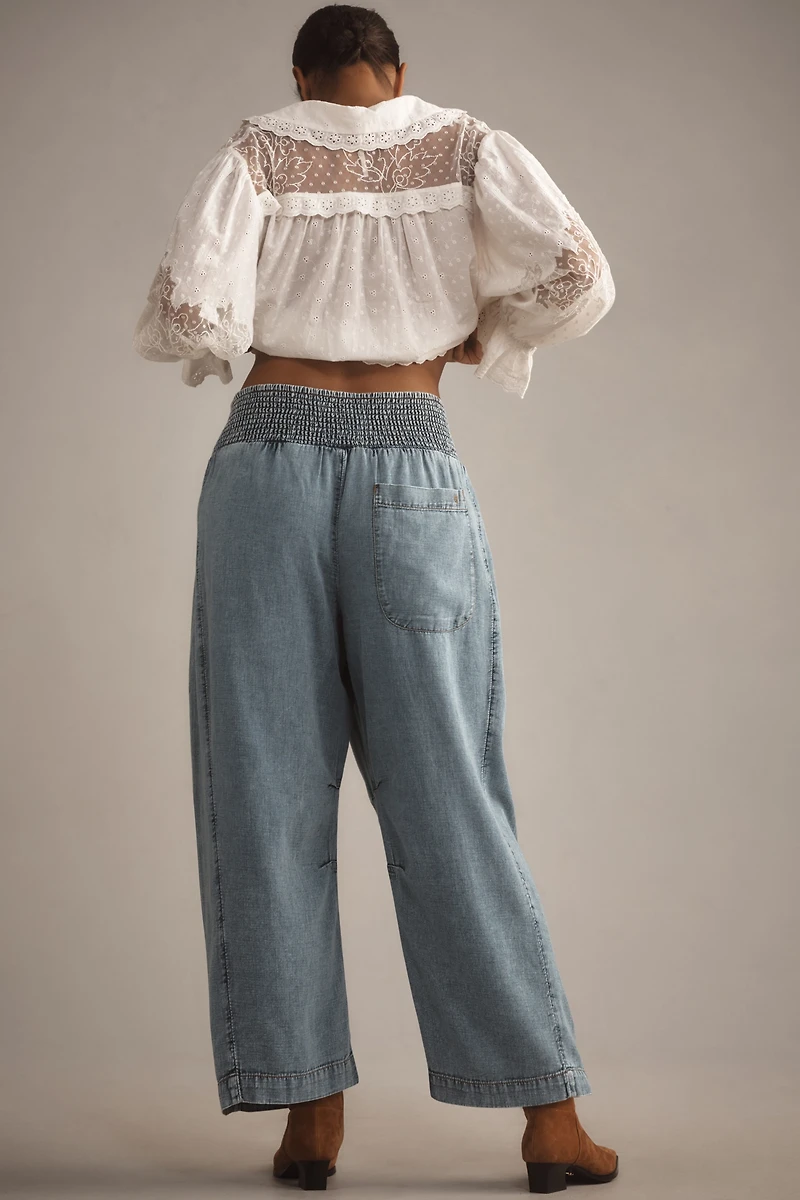 The Reese Smocked Denim Pull-On Barrel Pants