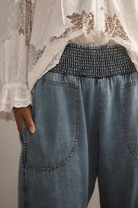 The Reese Smocked Denim Pull-On Barrel Pants