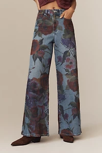 Avec Les Filles Printed High-Rise Wide-Leg Jeans
