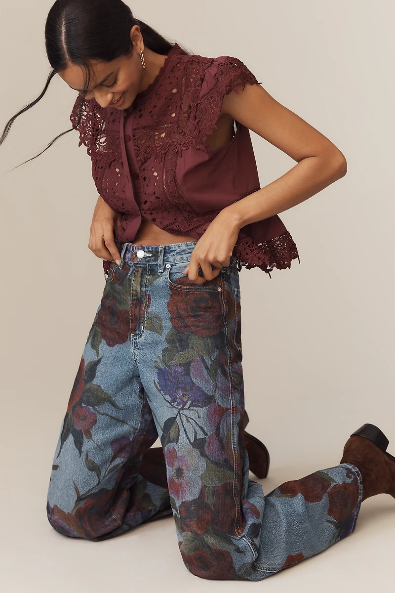 Avec Les Filles Printed High-Rise Wide-Leg Jeans