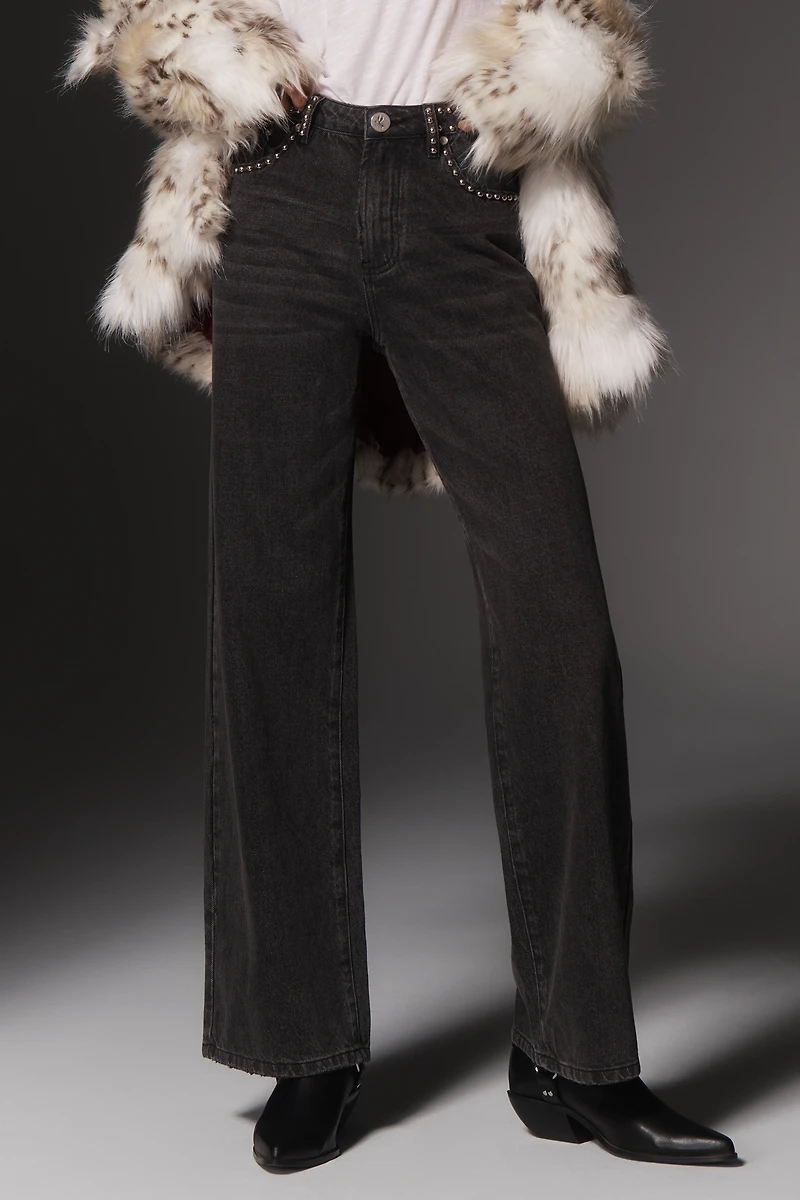 One Teaspoon Jackson Mid-Rise Wide-Leg Studded Jeans