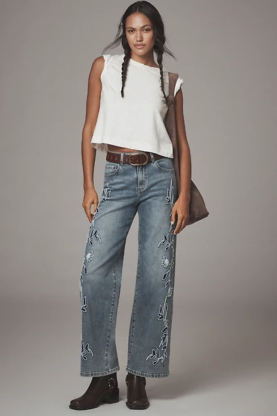 Siempre Zoey Embroidered High-Rise Wide-Leg Jeans