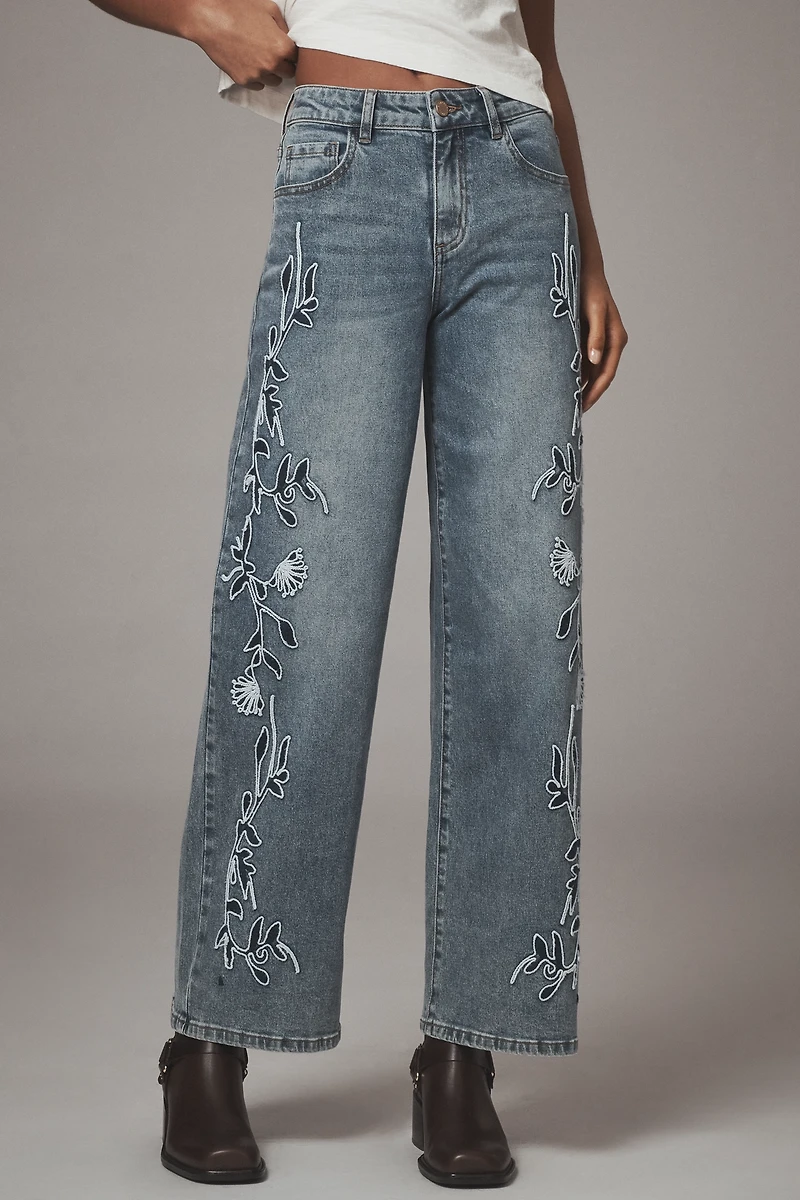 Siempre Zoey Embroidered High-Rise Wide-Leg Jeans