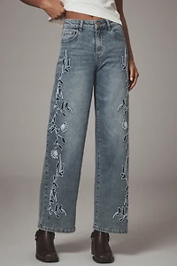 Siempre Zoey Embroidered High-Rise Wide-Leg Jeans