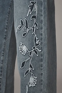 Siempre Zoey Embroidered High-Rise Wide-Leg Jeans