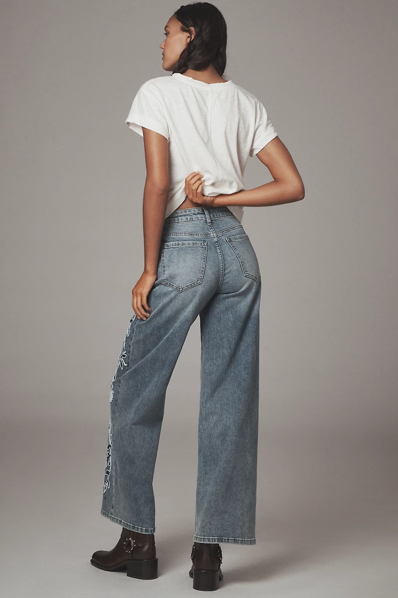 Siempre Zoey Embroidered High-Rise Wide-Leg Jeans