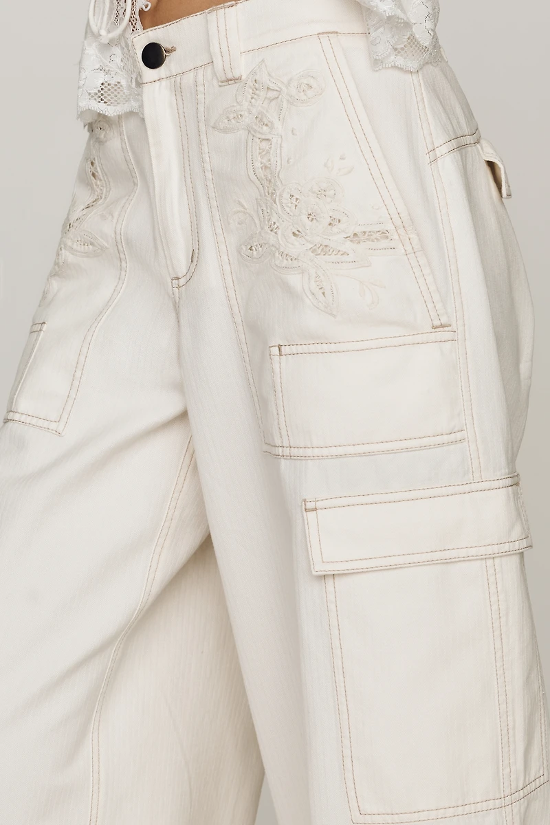 By Anthropologie 100% Cotton High Rise Lace Utility Pants