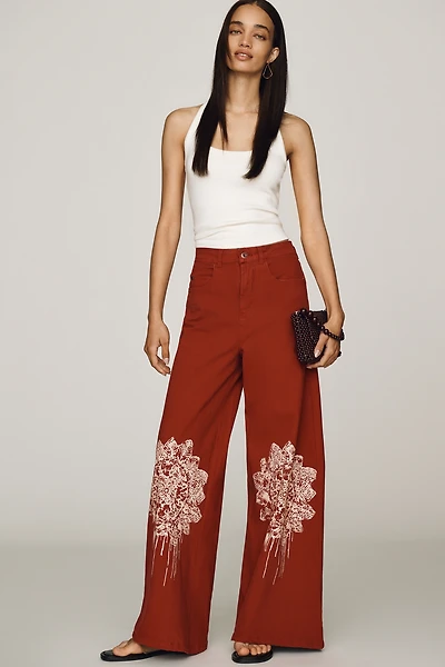Pilcro Printed Lacework Wide-Leg Pants