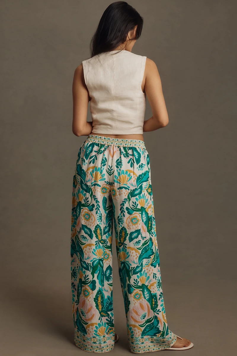 Ranna Gill Floral Wide-Leg Linen Pull-On Pants